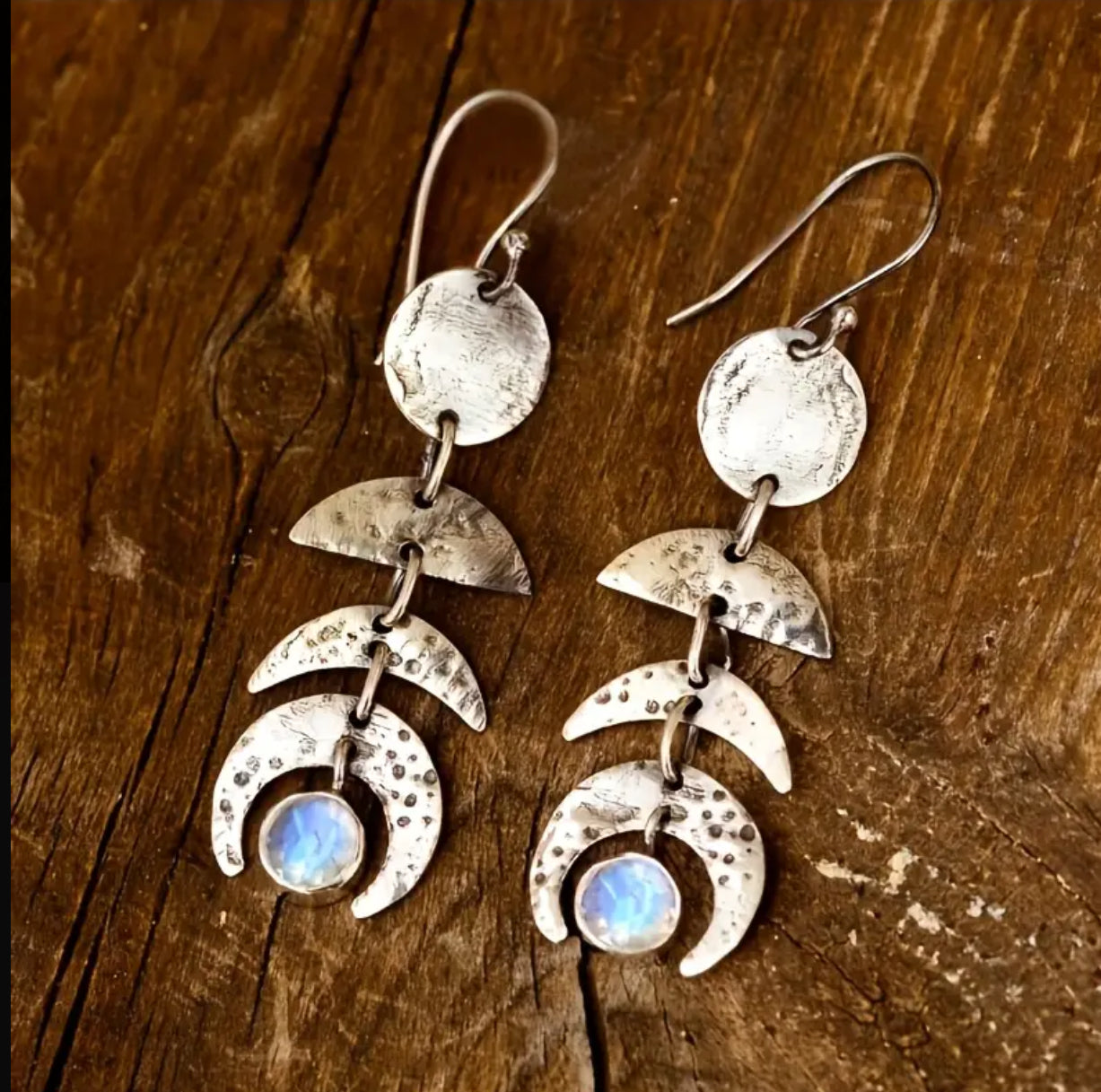Silver earrings with moon phases and gemstones Moon Cycle Earrings with Moonstone | Bohemian Jewellery Australia