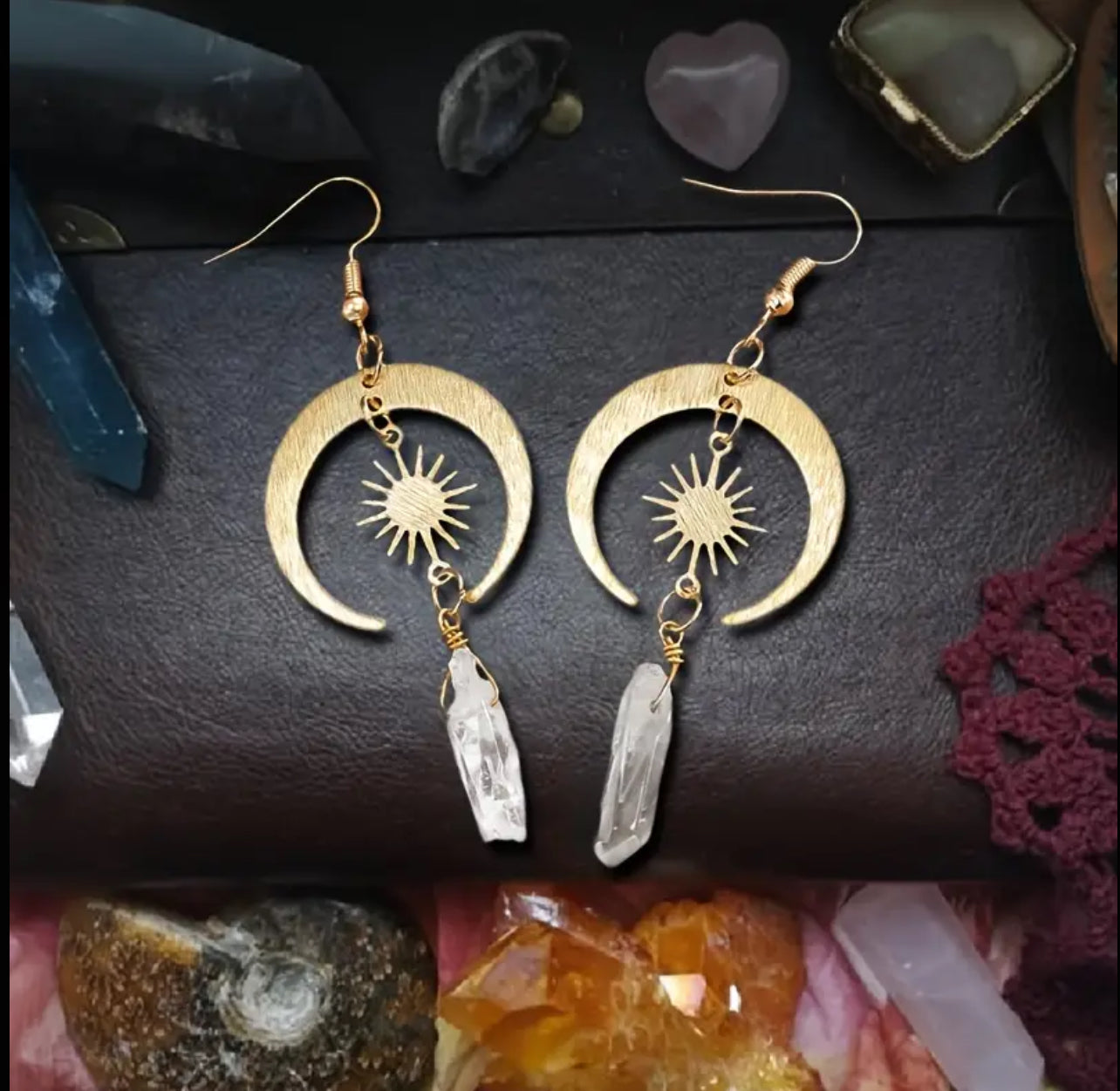 gold sun and moon earrings with crystal elements Sol and LunaSol & Luna Earrings Celestial Jewellery by Lunavine Australia