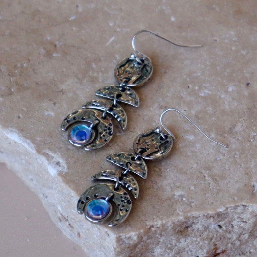 Silver earrings with moon phases and gemstones Moon Cycle Earrings with Moonstone | Bohemian 
