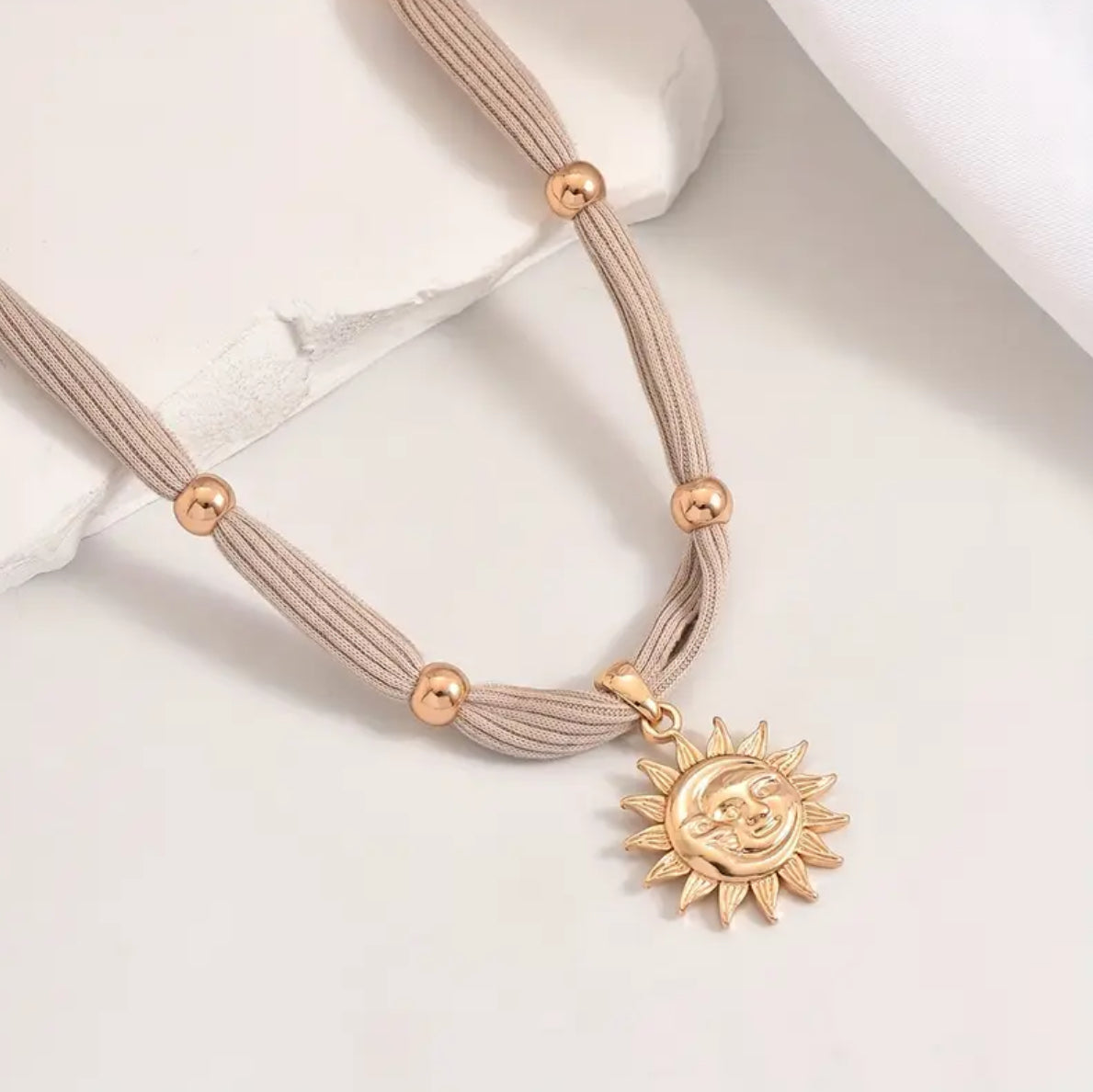 Boho sun and moon fabric choker necklace with celestial pendant by Luna Vine Australia